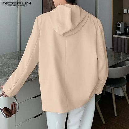 INCERUN Tops 2023 Koreanischen Stil Hübsche Männer Mit Kapuze Diagonal Knopfleiste Design Anzug Solide Alle-spiel Casual Street Männlichen Blazer S-5XL