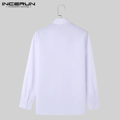 Handsome Well Fitting Tops New Men Pointed Neck Buckle Design Shirts INCERUN 2024 Fashion Casual Solid Long Sleeved Blouse S-5XL