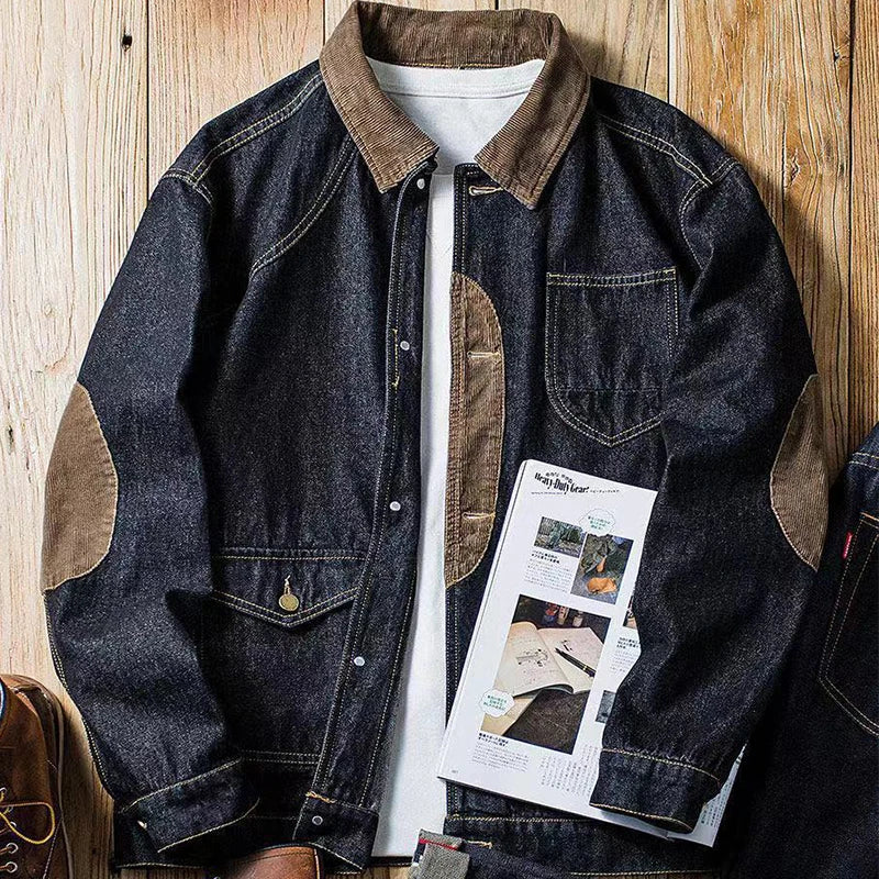 HOUZHOU Vintage Denim Jackets Men Retro Cargo Jacket Coats Outerwear Coat for Men Distressed Streetwear Japanese Patchwork