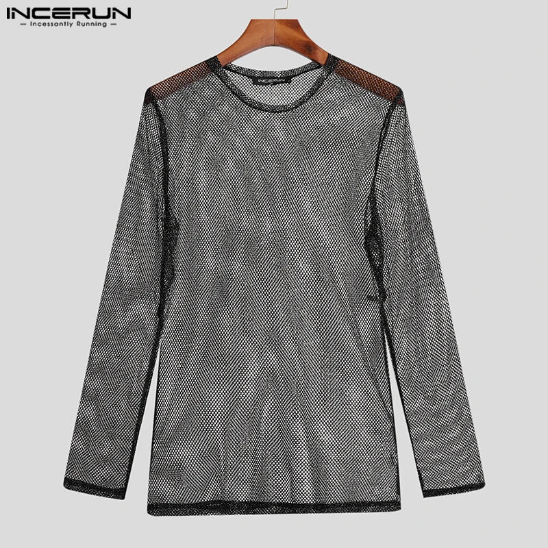 INCERUN Tops 2023 American Style New Men's Glitter Mesh Perspective Camiseta Sexy Male Hot Sale Long Sleeve Thin T-shirts S-5XL