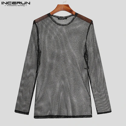 INCERUN Tops 2023 Amerikanischen Stil Neue männer Glitter Mesh Perspektive Camiseta Sexy Männlichen Heißer Verkauf Langarm Dünne T-shirts S-5XL