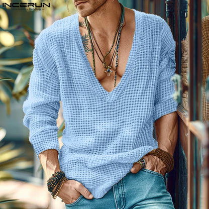 INCERUN 2024 Summer Tops Tee Fashion Long Sleeve Solid V Neck Men T-Shirts Streetwear Men Clothing Oversized S-5XL Chemise