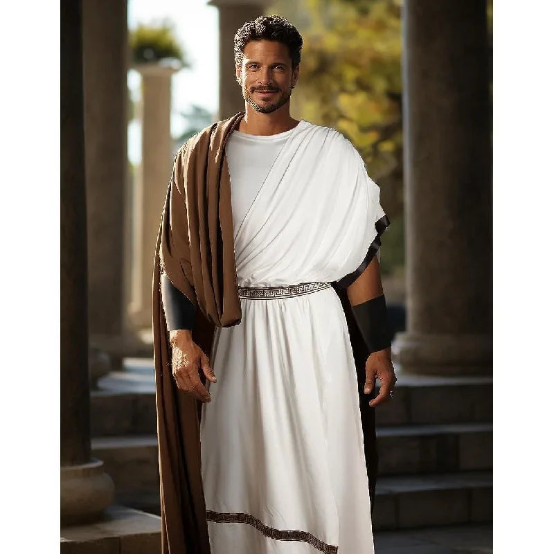 Costume de toge grecque pour homme - Costume de Dionysos romain d'Halloween pour adulte avec bracelet en cuir Costume de gladiateur roi