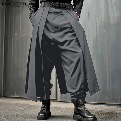 INCERUN Men Irregular Pants Solid Color Joggers Loose Button Pleated Casual Wide Leg Trousers Men Streetwear 2024 Fashion Pants