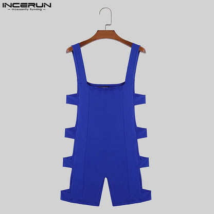 INCERUN 2024 Sexy Men Loungewear Stylish Side Hollowed Tight Elastic Jumpsuit Casual Solid Sleeveless Flat Angle Bodysuits S-5XL