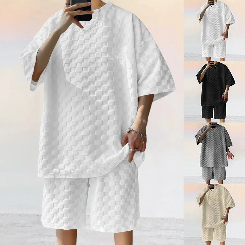 T-shirts For Men's Leisure Sports T-shirt Shorts Korean Personality Fashion Checkered Oversized Two-piece Set Boutique Clothing