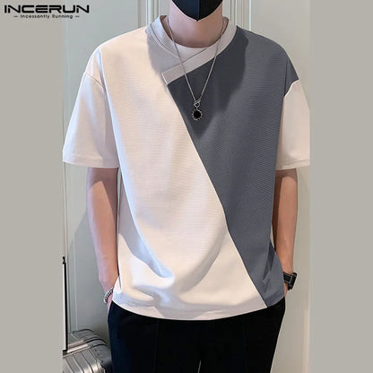 INCERUN Tops 2024 Koreanischen Stil Hübsche Männer Oansatz Unregelmäßigen Patchwork T-shirts Casual Streetwear Kurzarm Camiseta S-5XL