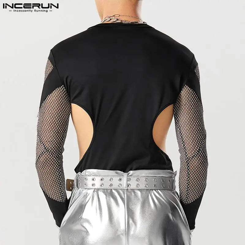 Männer Bodys Mesh Patchwork Transparente Handschuhe 2023 Aushöhlen Strampler Männliche T-Shirts Oansatz Langarm Body S-5XL INCERUN