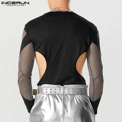 Men Bodysuits Mesh Patchwork Transparent Gloves 2023 Hollow Out Rompers Male T Shirts O-neck Long Sleeve Bodysuit S-5XL INCERUN