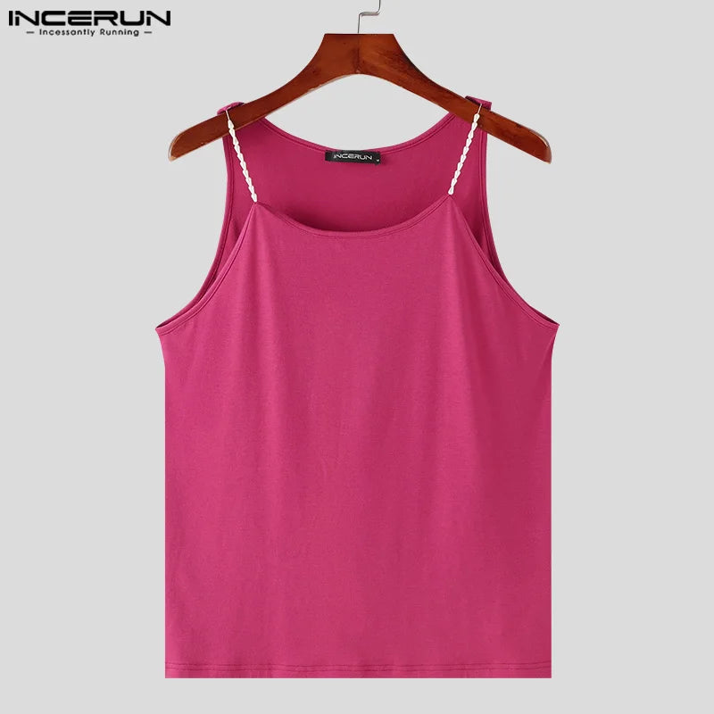 INCERUN Tops 2024 Korean Style New Men Knitted Shoulder Strap Design Tight Solid Vests Summer Casual Sleeveless Tank Tops S-5XL