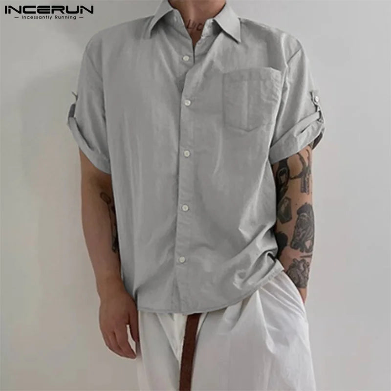 Stylish Well Fitting Tops INCERUN New Men Summer Clothing Casual Solid Shirt Fashion Streetwear Short Sleeved Lapel Blouse S-5XL