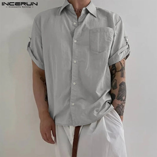 Stylish Well Fitting Tops INCERUN New Men Summer Clothing Casual Solid Shirt Fashion Streetwear Short Sleeved Lapel Blouse S-5XL