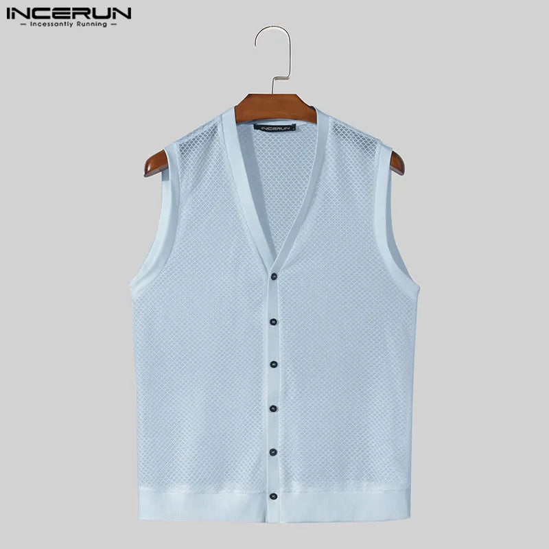 INCERUN 2024 Men Tank Tops Mesh Hollow Out Solid V Neck Sleeveless Summer Male Vests Transparent Streetwear Fashion Men Clothing