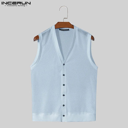 INCERUN 2024 Männer Tank Tops Mesh Aushöhlen Solide V Neck Sleeveless Sommer Männlichen Westen Transparent Streetwear Fashion Männer Kleidung