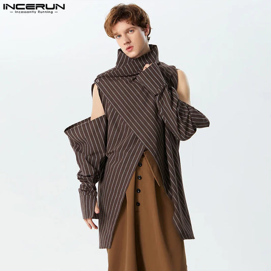 2024 Men Irregular Shirt Striped Turtleneck Long Sleeve Off Shoulder Loose Men Clothing Streetwear Casual Camisas S-5XL INCERUN