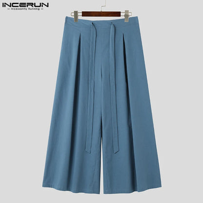 INCERUN 2023 Chinese Style Men's Long Pants Cotton Linen Straight Tube Trousers Solid Loose Size Wide Leg Casual Pantalons S-5XL