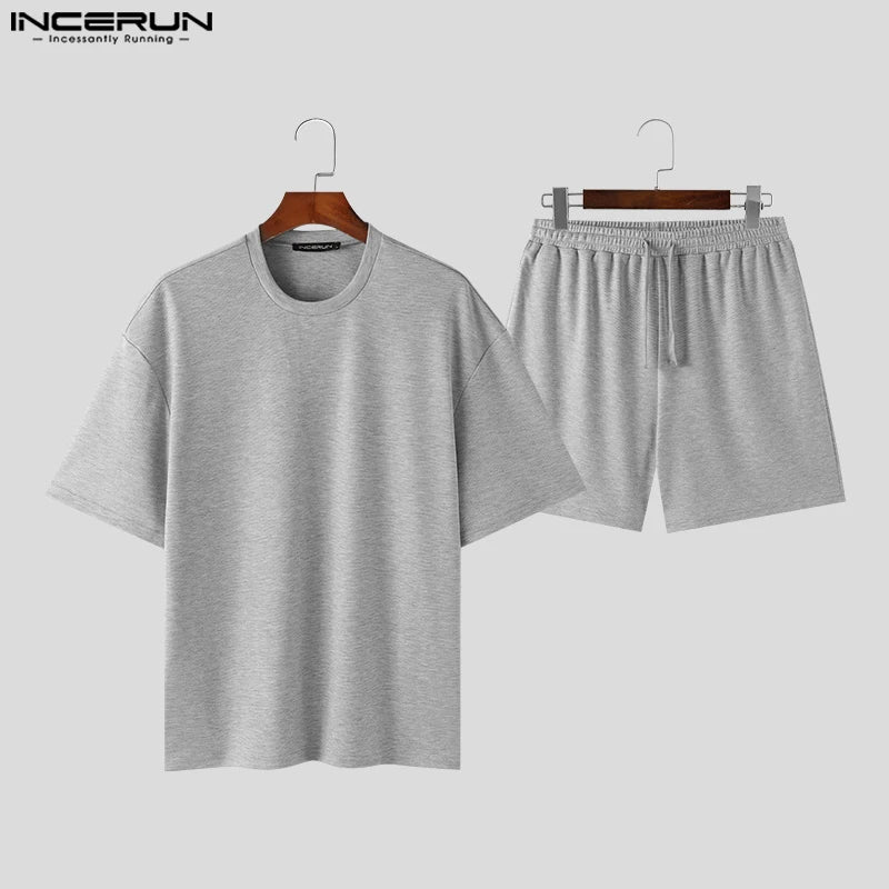 INCERUN 2024 Korean Style Sets Stylish New Men Solid O-neck Short Sleeved Tops Shorts Casual Streetwear Male Suit 2 Pieces S-5XL