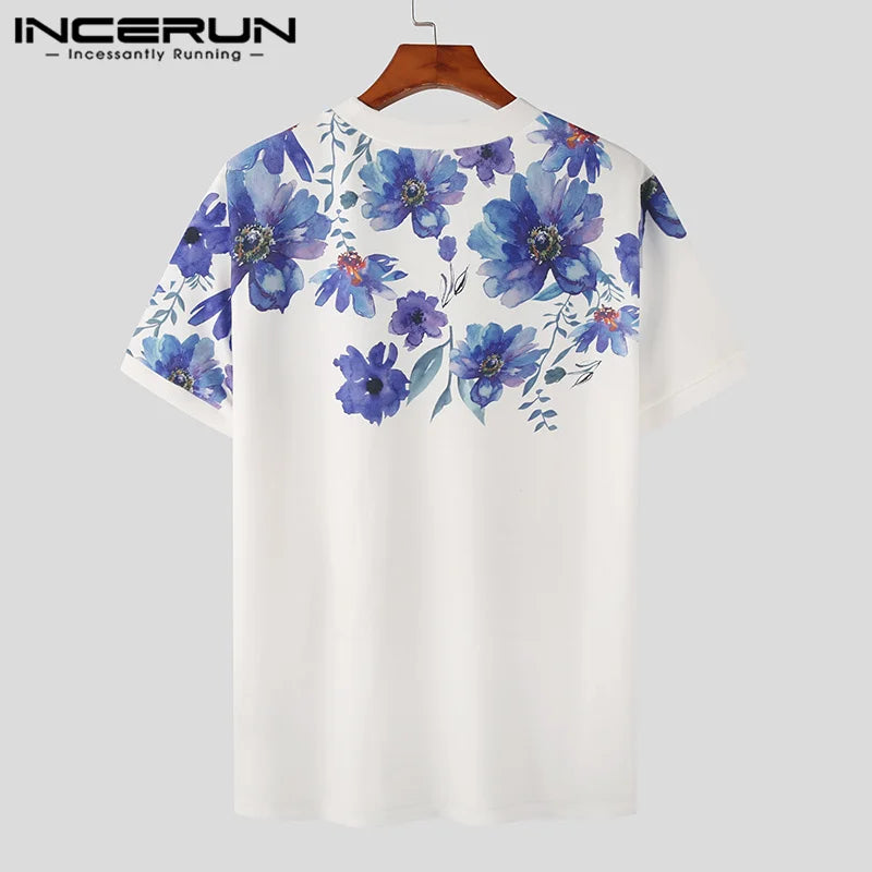 INCERUN Tops 2023 Korean Style New Men's Fashion Plant Printing T-shirts Casual Streetwear Male Round Neck Short Sleeve Camiseta