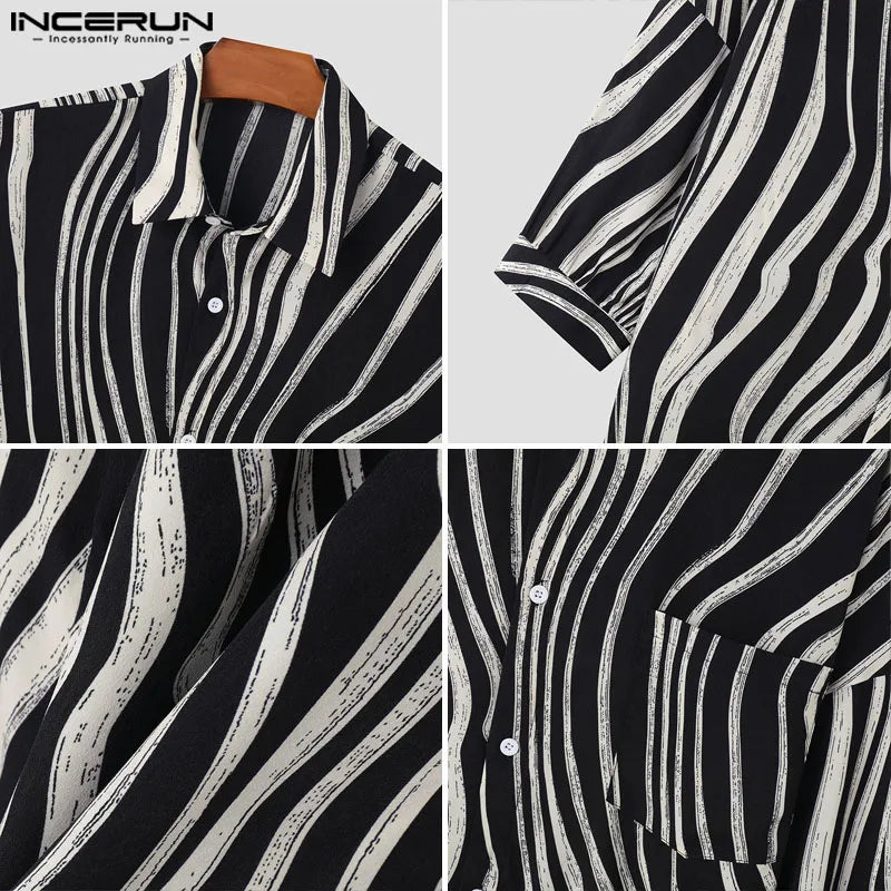 INCERUN Tops 2024 Korean Style Handsome Men Fashion Irregular Stripe Shirts Casual Streetwear Seven Quarter Sleeved Blouse S-5XL