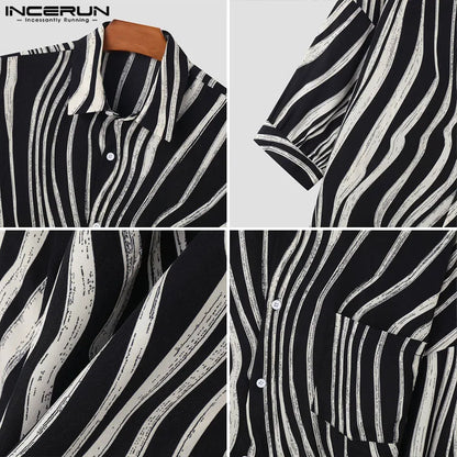 INCERUN Tops 2024 Korean Style Handsome Men Fashion Irregular Stripe Shirts Casual Streetwear Seven Quarter Sleeved Blouse S-5XL