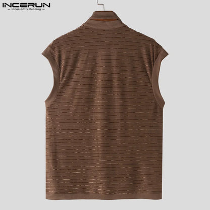 INCERUN Tops 2024 Style coréen Nouvelle mode pour hommes Col en V Rayé Texture Camiseta Casual Clubwear Homme T-shirts sans manches S-5XL