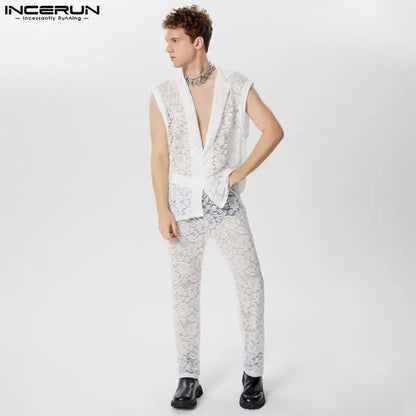 INCERUN 2024 American Style Sets Mens Sexy Casual Lace Hollow Perspective Sleeveless Shirts Pants Streetwear Suit 2 Pieces S-5XL