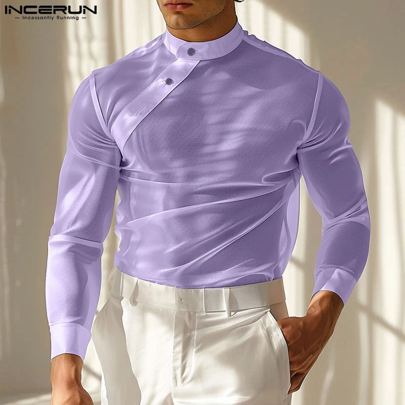 INCERUN Men Summer Shirts Long Sleeve Button Down Mesh Tops Transparent Shirts Oversize Men Clothing Oversize Chemise Tops