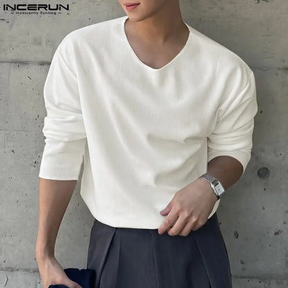 INCERUN Tops 2024 Korean Style Fashion Men's Loose V-neck Knitted T-shirts Summer Casual Streetwear Long Sleeved Camiseta S-5XL