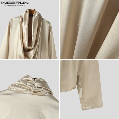 INCERUN Tops 2024 American Style Fashion Men's Pile Neck Reflective Fabric Shirt Casual Clubwear Solid Long Sleeved Blouse S-5XL