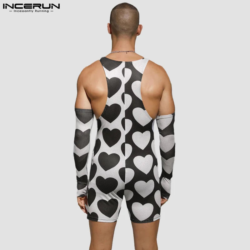 INCERUN 2024 Sexy Men Bodysuits Love Printing Sleeve Design Jumpsuits Stylish Male Homewear Flat angle Sleeveless Rompers S-3XL