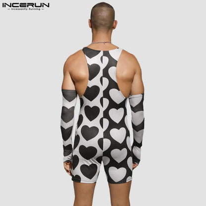 INCERUN 2024 Sexy Männer Bodysuits Liebe Druck Ärmel Design Overalls Stilvolle Männliche Homewear Flache winkel Ärmellose Strampler S-3XL