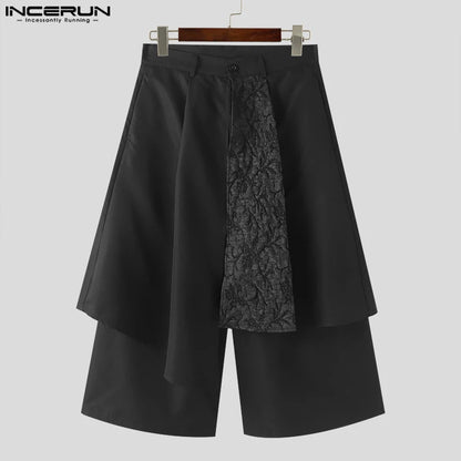 INCERUN 2024 Korean Style Mens Trousers Irregular Patchwork Texture Pantalons Casual Streetwear Wide Leg Skirts Long Pants S-5XL