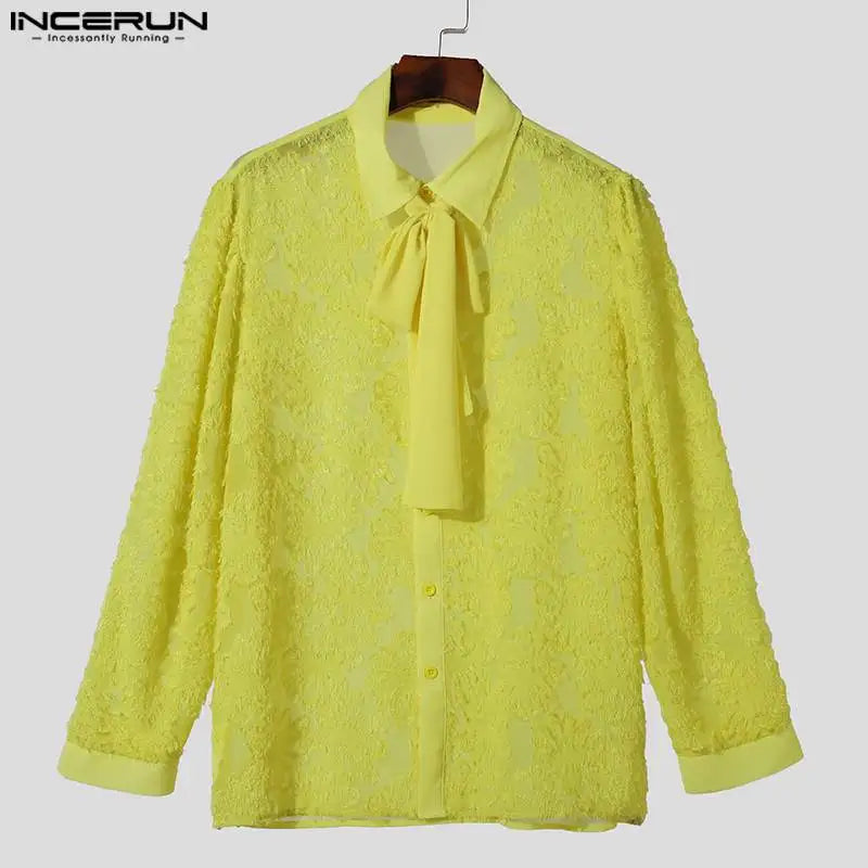 INCERUN Tops 2024 Fashion Men Ribbon Jacquard Feather Shirts Handsome Male Personality Plush Patchwork Long Sleeved Blouse S-5XL