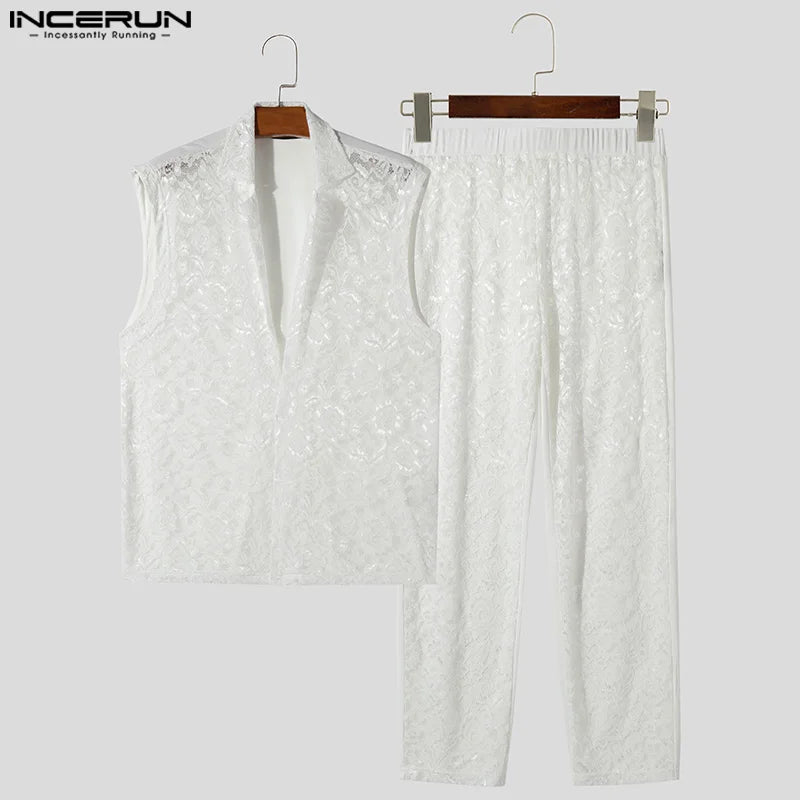 INCERUN 2024 American Style Sets Mens Sexy Casual Lace Hollow Perspective Sleeveless Shirts Pants Streetwear Suit 2 Pieces S-5XL