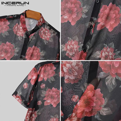 INCERUN Tops 2024 American Style Fashion Mens Rose Pattern Printed Shirts Sexy Casual Streetwear Thin Short Sleeved Blouse S-5XL