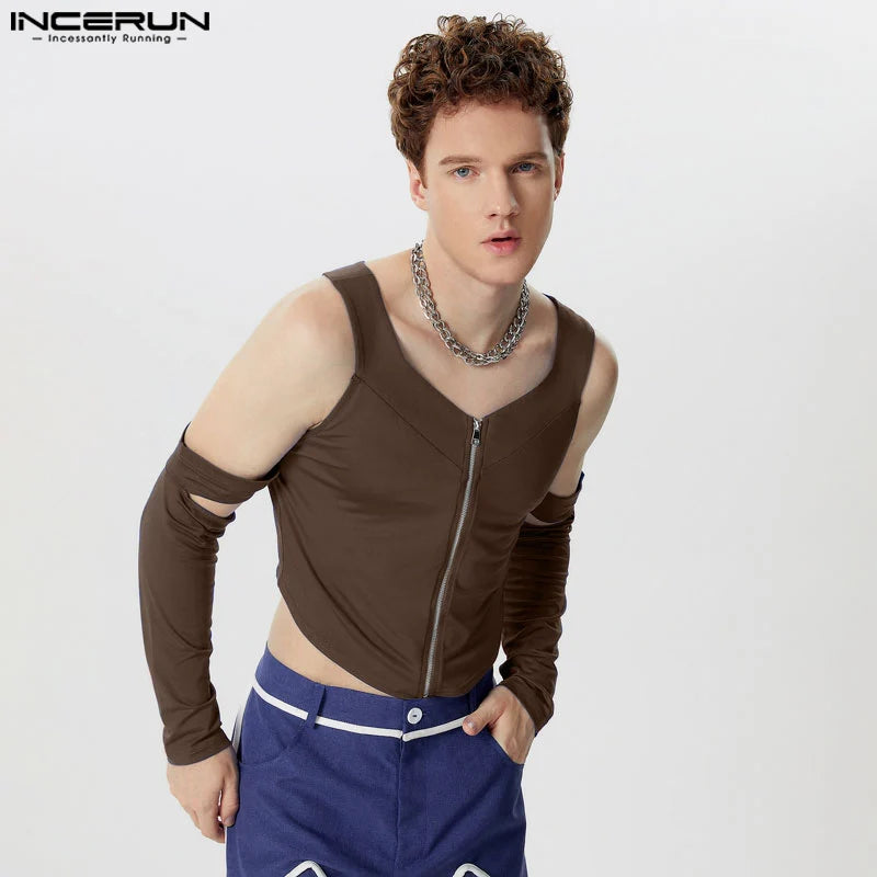 Stylish Casual Tops INCERUN Men's Shoulder Hollowed Tight Elastic T-shirts Sexy Male Cropped Zipper Long Sleeved Camiseta S-5XL