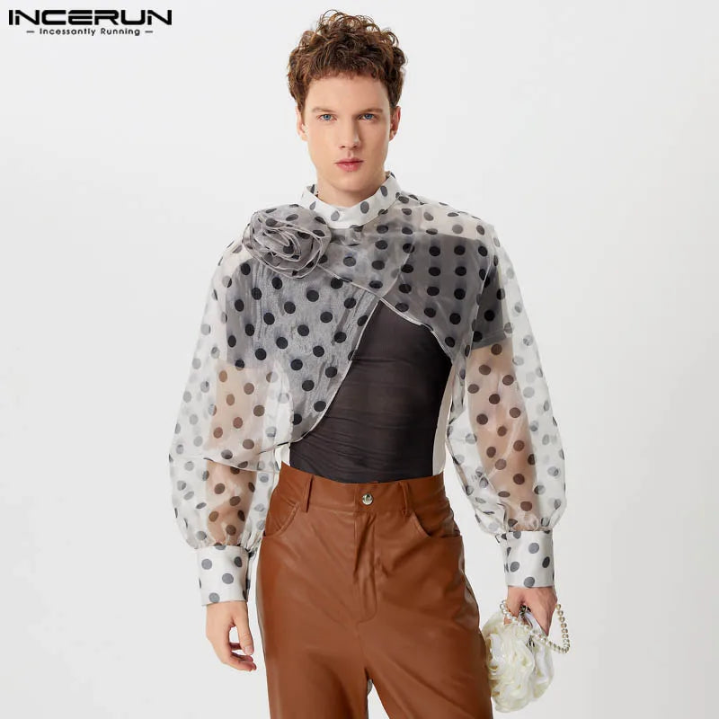 Fashion Sexy Style Tops INCERUN Men Chiffon Polka Dot Cropped Cross T-shirts Casual Streetwear Male Thin Long Sleeved Tees S-5XL