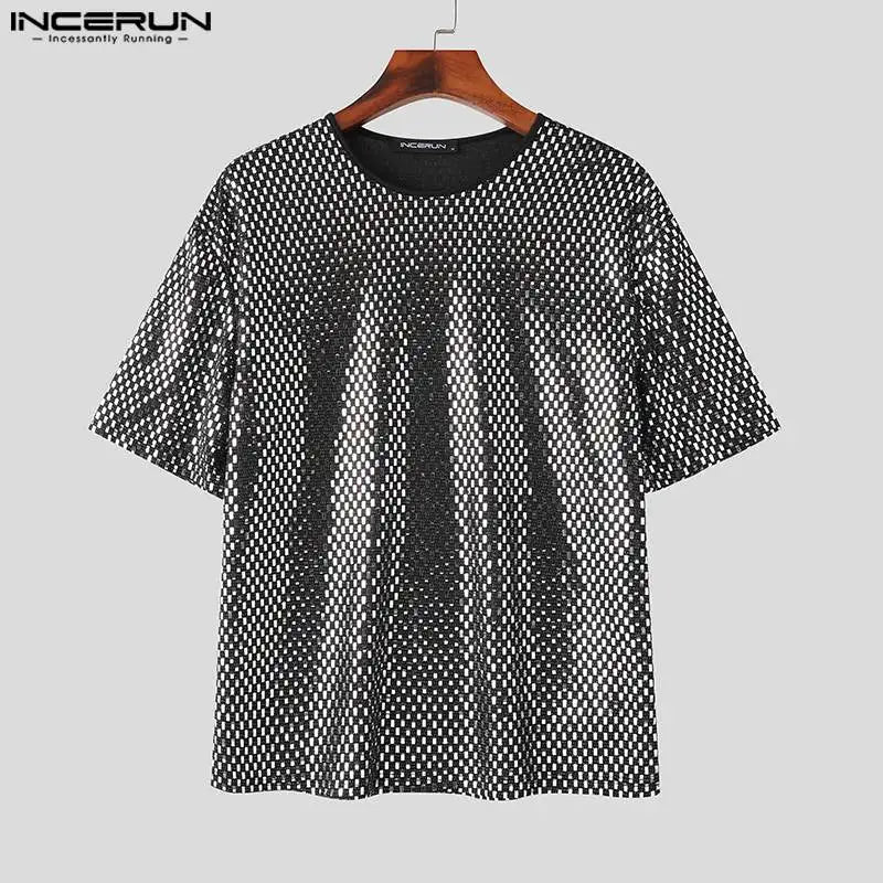 2024 T-shirt pour hommes Paillettes Brillant O-cou Manches Courtes Lâche Hommes Vêtements Streetwear Fête Mode Décontracté Camisetas S-5XL INCERUN