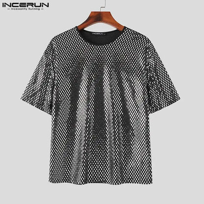 2024 männer T Shirt Pailletten Shiny Oansatz Kurzarm Lose Männer Kleidung Streetwear Party Mode Casual Camisetas S-5XL INCERUN