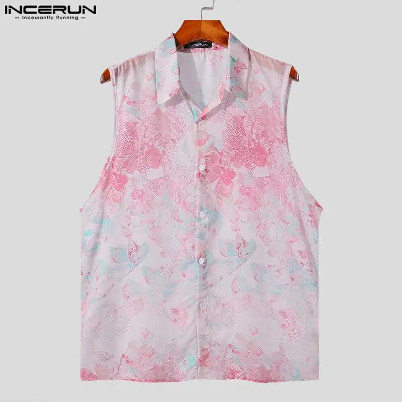 INCERUN Tops 2024 Korean Style Men's Sexy Froral Print Perspective Shirts Casual Streetwear Personality Sleeveless Blouse S-5XL