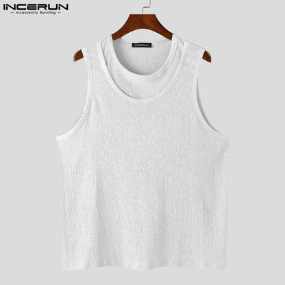 INCERUN Tops 2024 Korean Style Fashion Men Solid Splicing Fake Two-piece Vests Summer Casual Hot Sale Sleeveless Tank Tops S-5XL