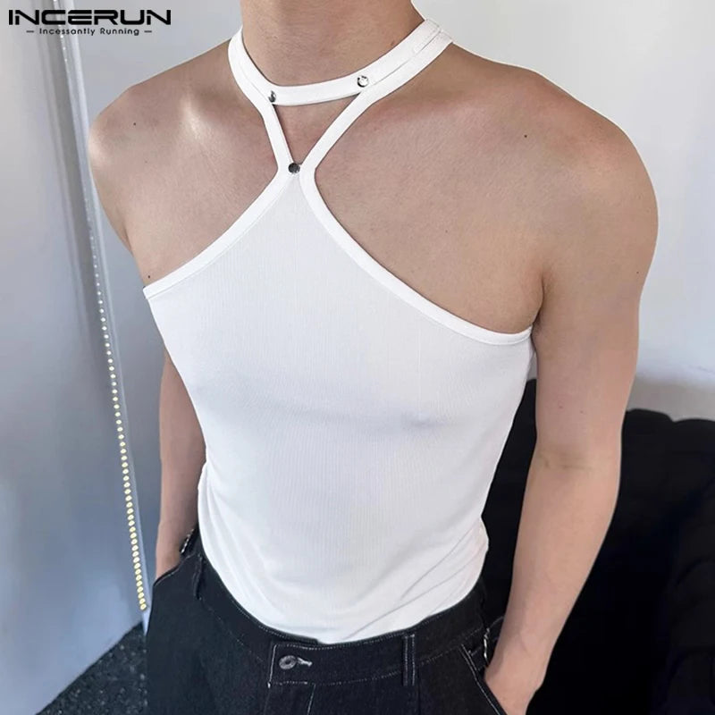 Summer Stylish Tops INCERUN Sexy Mens Elastic Tight Hanging Neck Tank Tops Male Casual Solid Knitted Sleeveless Vests S-5XL 2024