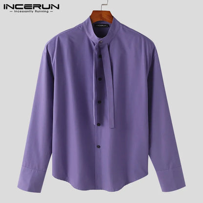 INCERUN Tops 2024 Korean Style New Men's Solid Bow Tie Design Blouse Casual Fashion Male Shoulder Pad Long Sleeved Shirts S-5XL