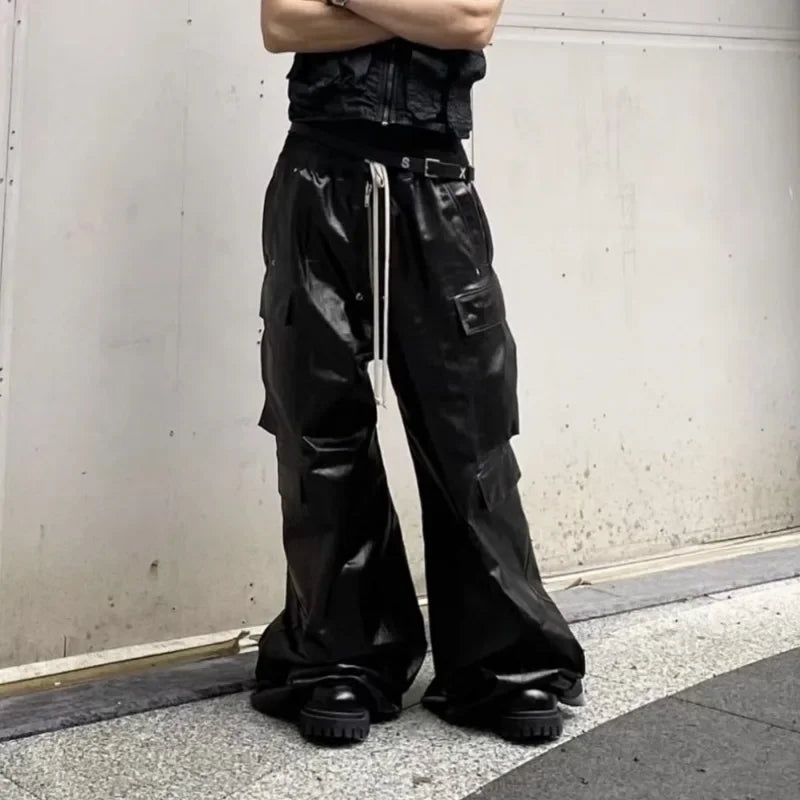 HOUZHOU RO Style Glänzend Schwarze Pu-Lederhose für Männer High Street Y2k Pantalones Hombre Baggy Overall Weites Bein Kordelzug Cargo