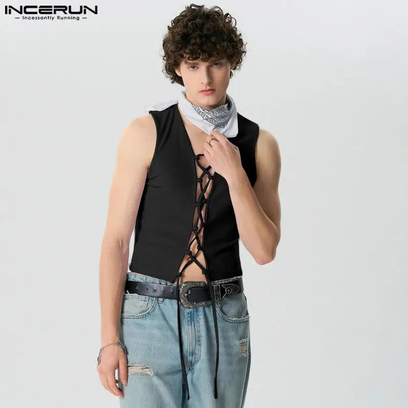 INCERUN Tops 2024 American Style Sexy Men's Open Front Strap Lace Up Vests Summer Fashion Male Solid Comfortable Tank Tops S-5XL