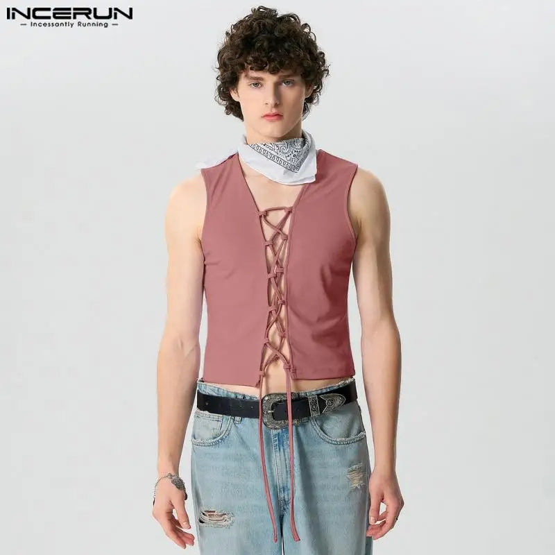 INCERUN Tops 2024 American Style Sexy Men's Open Front Strap Lace Up Vests Summer Fashion Male Solid Comfortable Tank Tops S-5XL