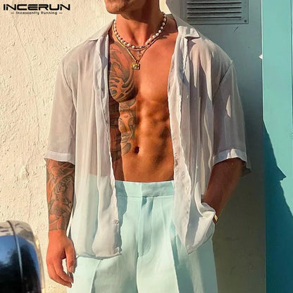 INCERUN Tops 2024 American Style New Men Chiffon Perspective Thin Shirts Casual Streetwear Male Short Sleeved Lapel Blouse S-5XL