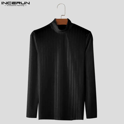 INCERUN Men T Shirt Striped Mesh Patchwork Turtleneck Long Sleeve Men Clothing Streetwear 2024 See Through Fashion Camsietas