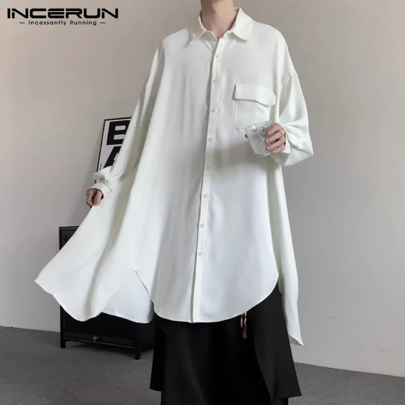 INCERUN Tops 2024 Korean Style Handsome New Mens Irregular Hem Mid Length Shirts Casual Streetwear Male Solid Loose Blouse S-5XL