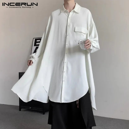 INCERUN Tops 2024 Style coréen Beau Nouveau Hommes Ourlet irrégulier Chemises mi-longues Décontractées Streetwear Mâle Solide Lâche Chemisier S-5XL